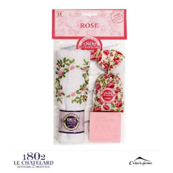 Set plic aromat cu Trandafiri, prosop brodat si sapun ROSC05
