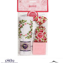 Set plic aromat cu Trandafiri, prosop brodat si sapun ROSC05