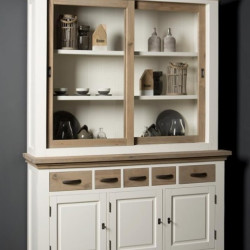 Bufet cu vitrina pe structura de rasinos si MDF, blat si fronturi din stejar, Parma, 150 cm