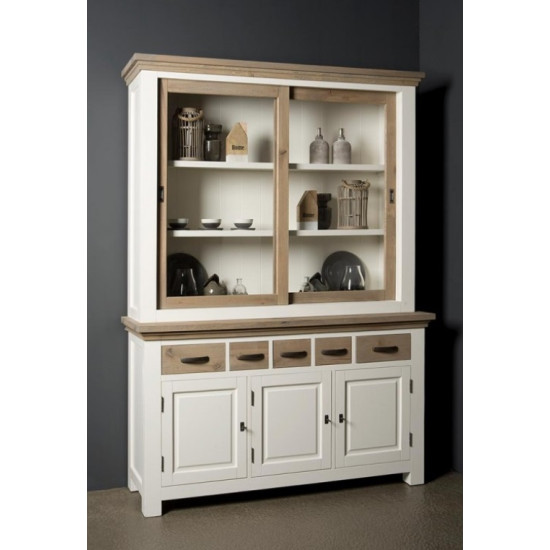 Bufet cu vitrina pe structura de rasinos si MDF, blat si fronturi din stejar, Parma, 150 cm