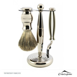 Set de barbierit Vladimir, 3 piese: aparat cu lama Gillette Mach3, pamatuf din par de bursuc si suport metalic, Edwin Jagger