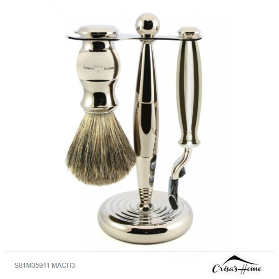 Set de barbierit Vladimir, 3 piese: aparat cu lama Gillette Mach3, pamatuf din par de bursuc si suport metalic, Edwin Jagger